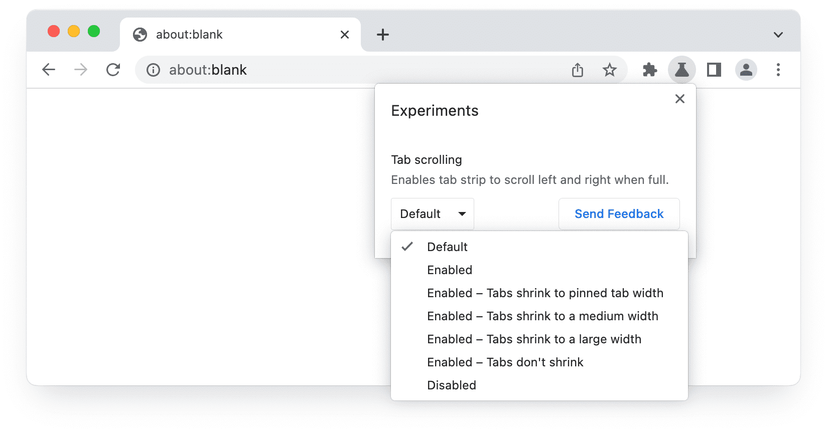 Interface utilisateur des tests dans Chrome Bêta, montrant les options de défilement des onglets.