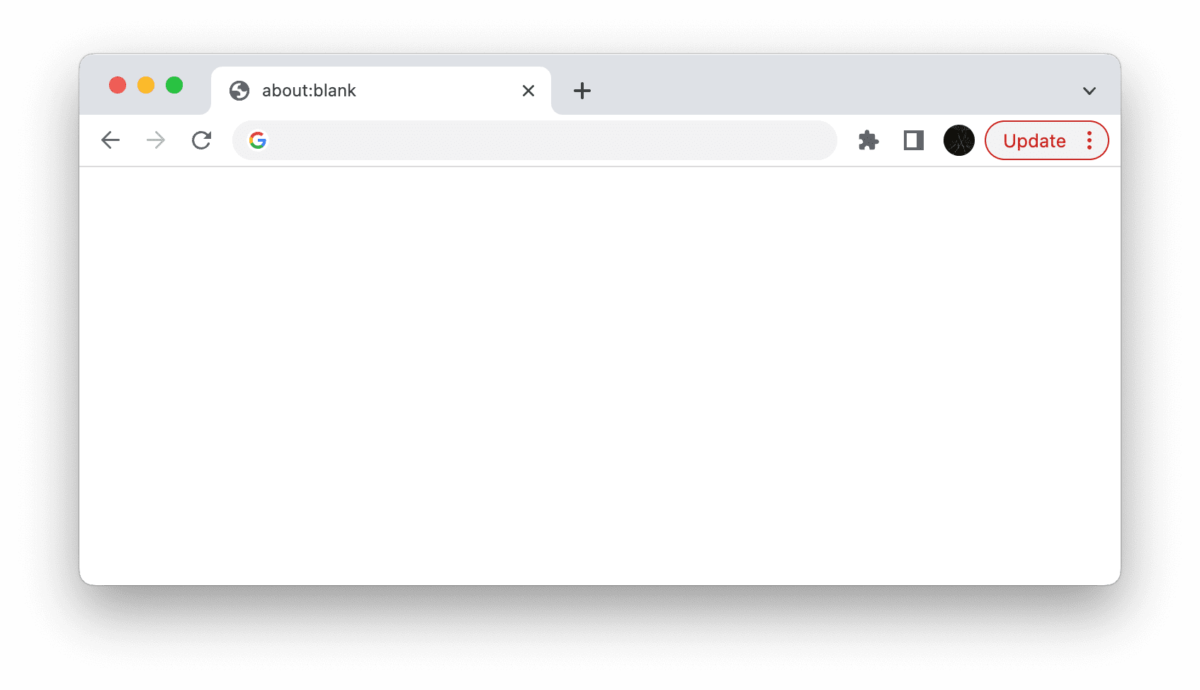 about:blank dans Chrome, avec le bouton &quot;Mettre à jour&quot; rouge.