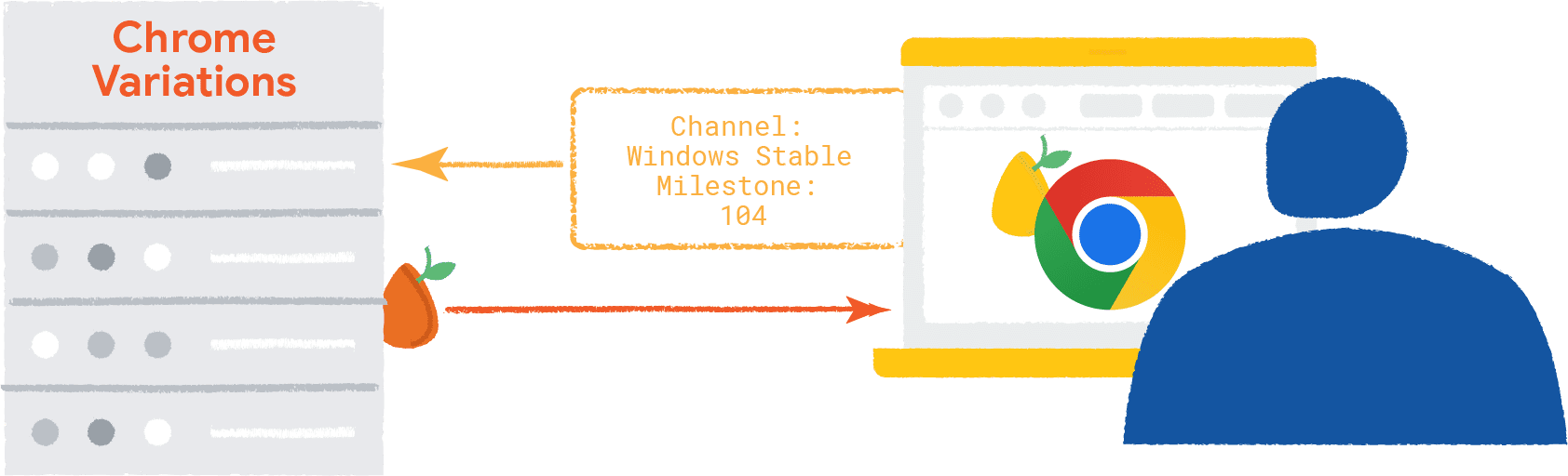 Information about the
browser and operating system go to the Chrome Variations backend. Chrome Variations seed goes to
the browser, which has a randomization seed.