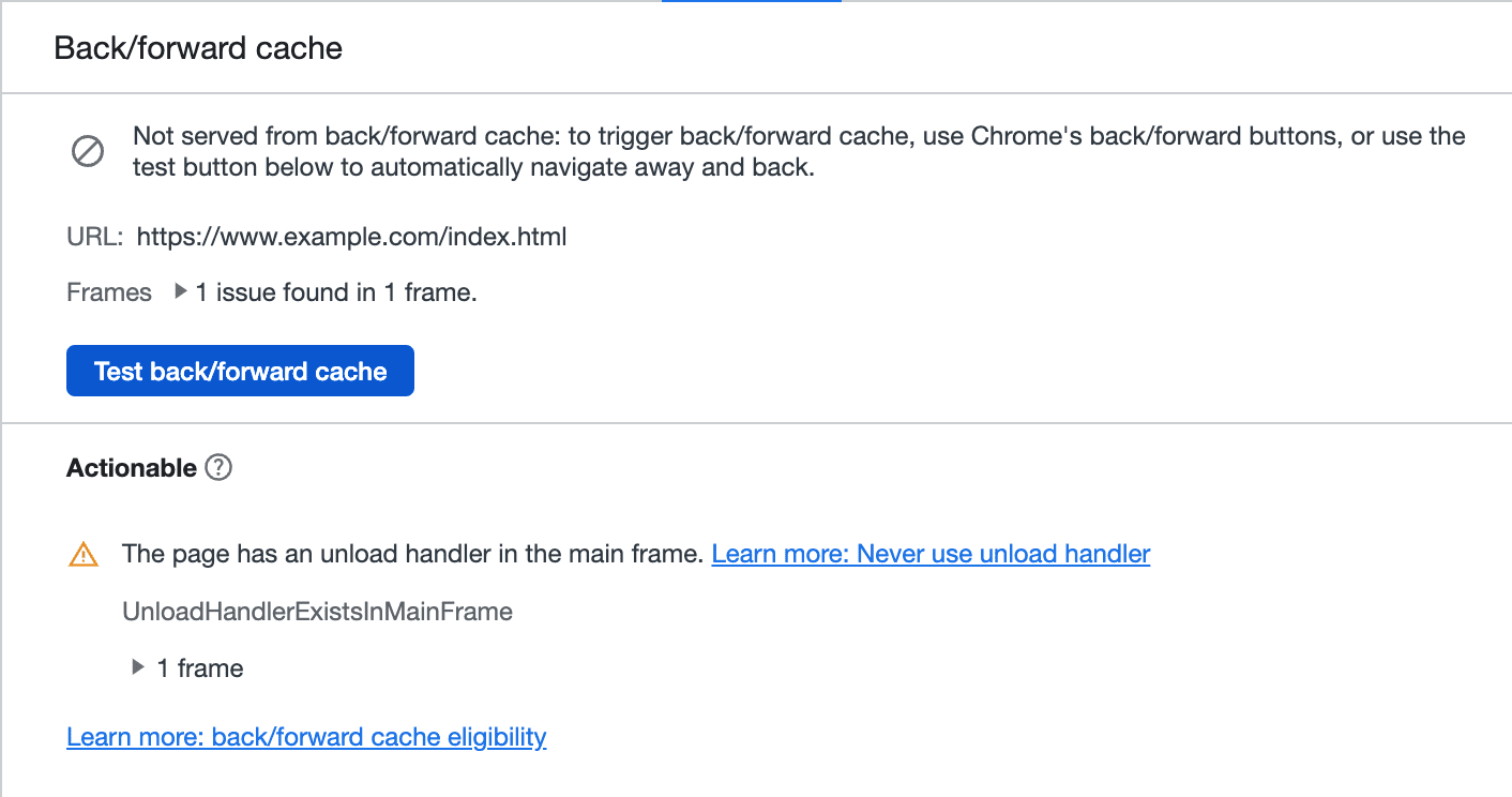 Strumento di test della cache back-forward di Chrome DevTools che mostra che è stato utilizzato un gestore di svuotamento