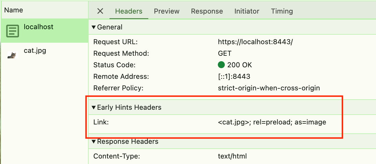 Netwerkpaneel met Early Hints-headers