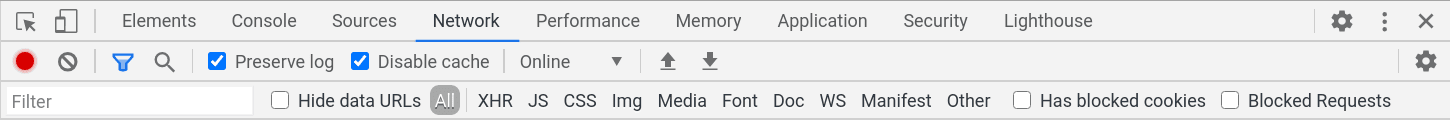 Chrome 开发者工具中的“网络”面板，显示了已记录的网络活动，并启用了“停用缓存”选项。