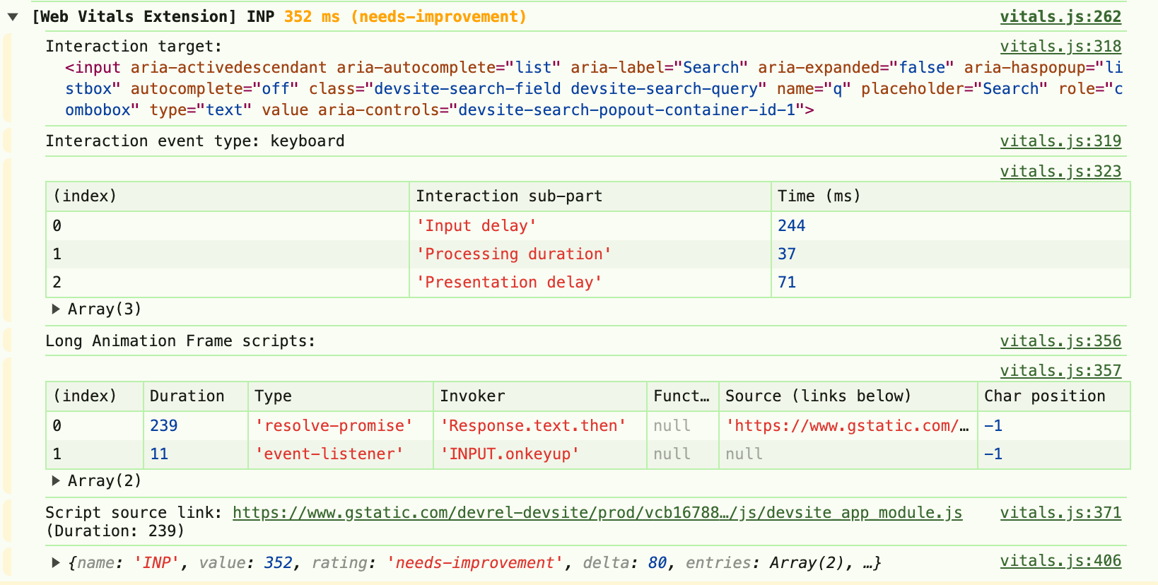 Web Vitals Extension console logging.