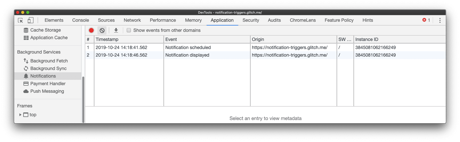 Gösterilen bir bildirim etkinliği, Chrome Geliştirici Araçları&#39;nın Bildirimler bölmesine kaydedilmiştir.