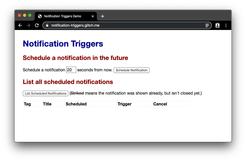 Ein Screenshot der Demo-Web-App „Notification Triggers“.