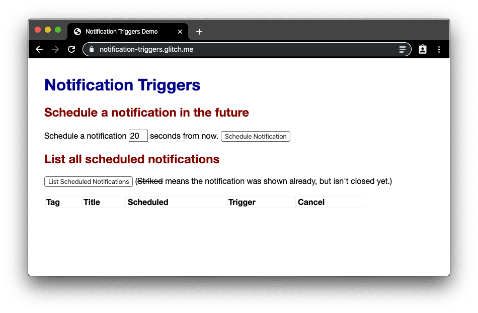 Uno screenshot dell&#39;app web di demo degli attivatori di notifiche.