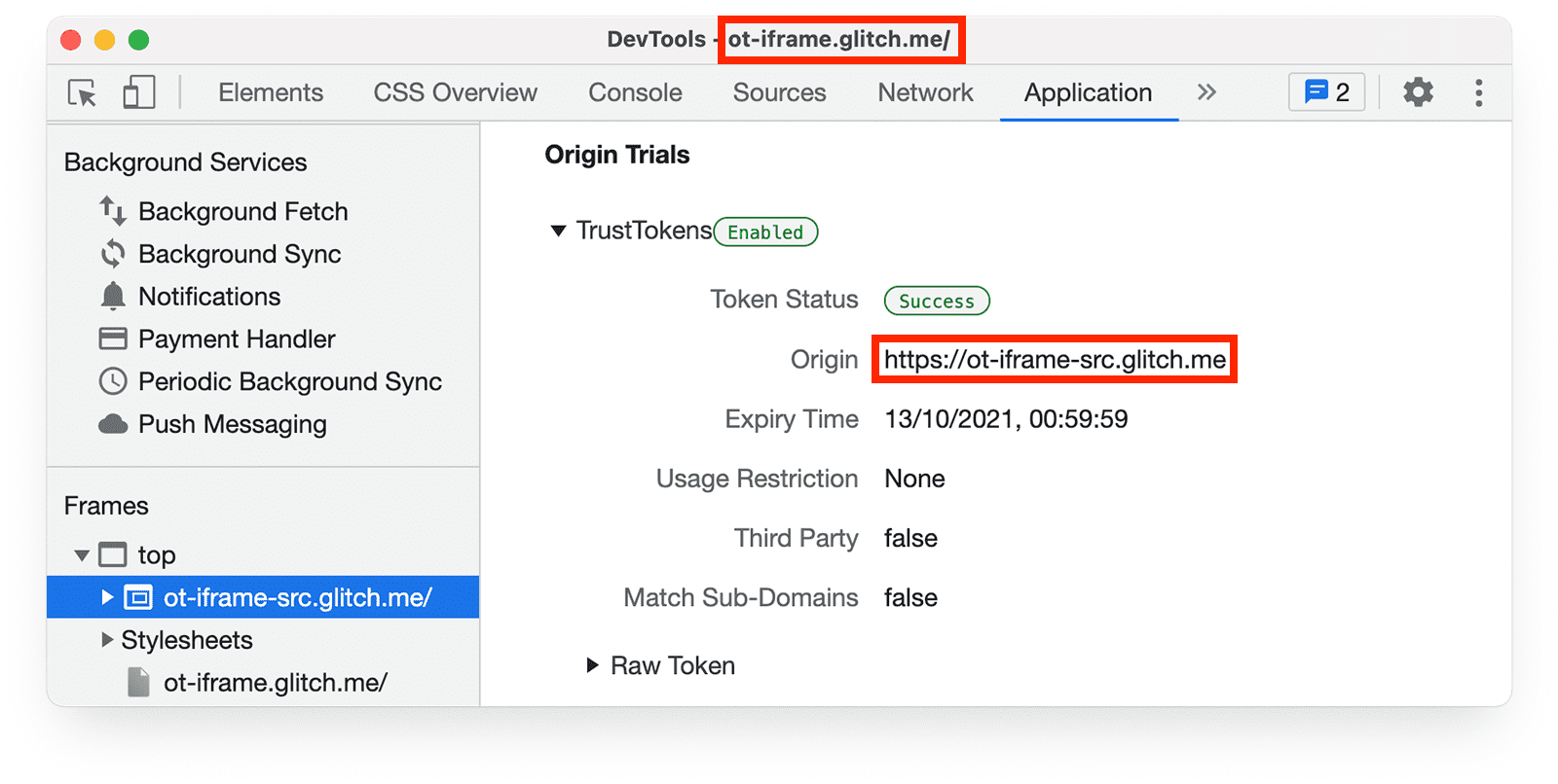 Chrome DevTools の [Application] パネル。iframe 内のページのオリジン トライアル トークンが表示されています。