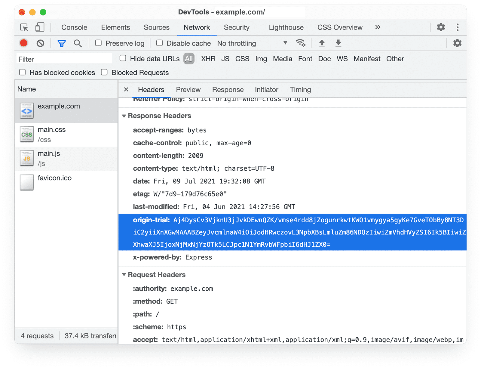 オリジン トライアルのレスポンス ヘッダーを示す Chrome DevTools の [Network] パネル。