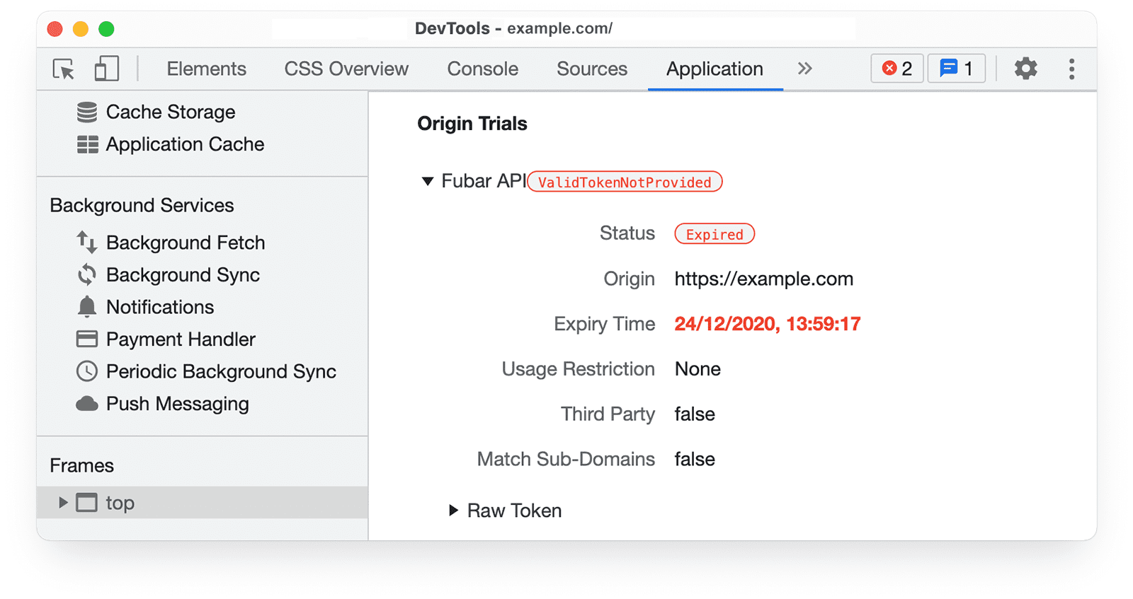 פרטי ניסויים במקור ב-Chrome DevTools בחלונית Application (אפליקציה), עם הערכים ValidTokenNotProvided ו-Status Expired