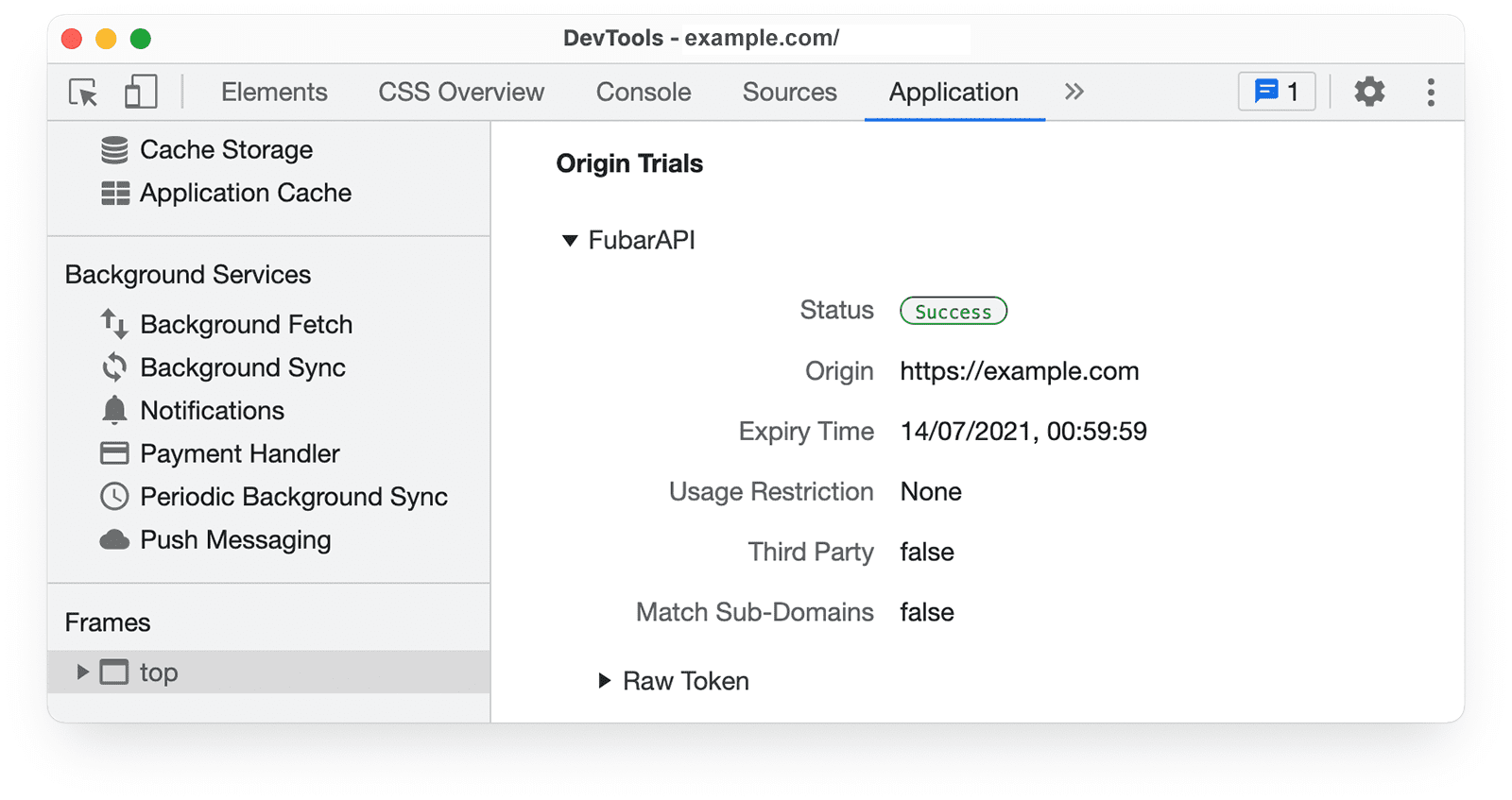 Chrome DevTools 애플리케이션 패널의 출처 무료 체험 정보