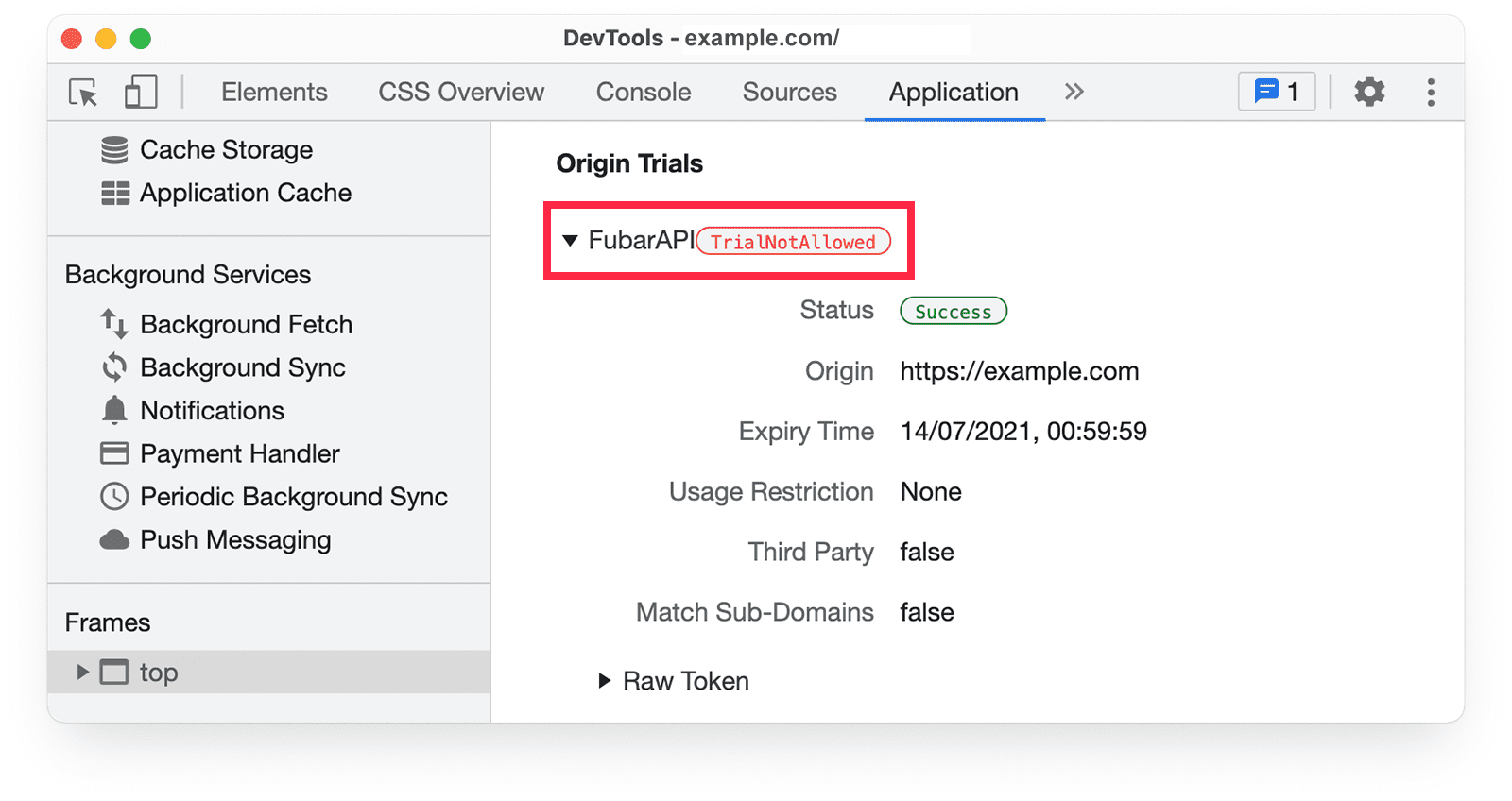 מידע על גרסת המקור לניסיון ב-Chrome DevTools בחלונית Application (אפליקציה), עם האזהרה TrialNotAllowed.