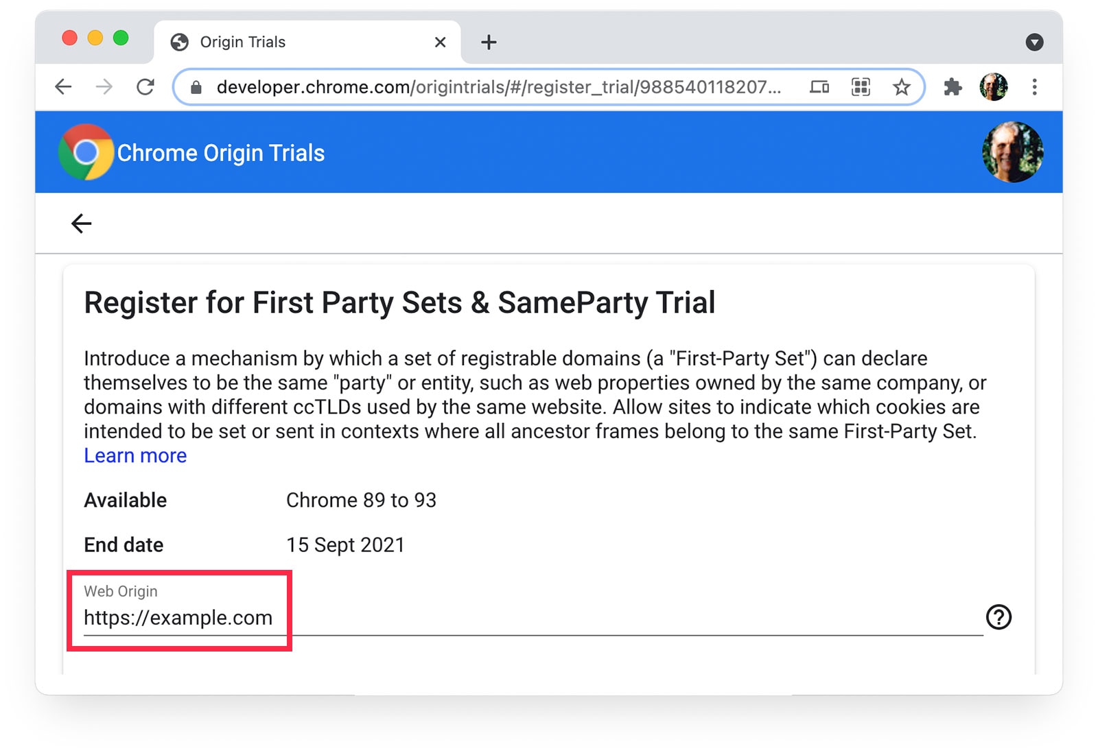 Halaman Uji Coba Origin Chrome yang menampilkan https://example.com yang dipilih sebagai Origin Web.