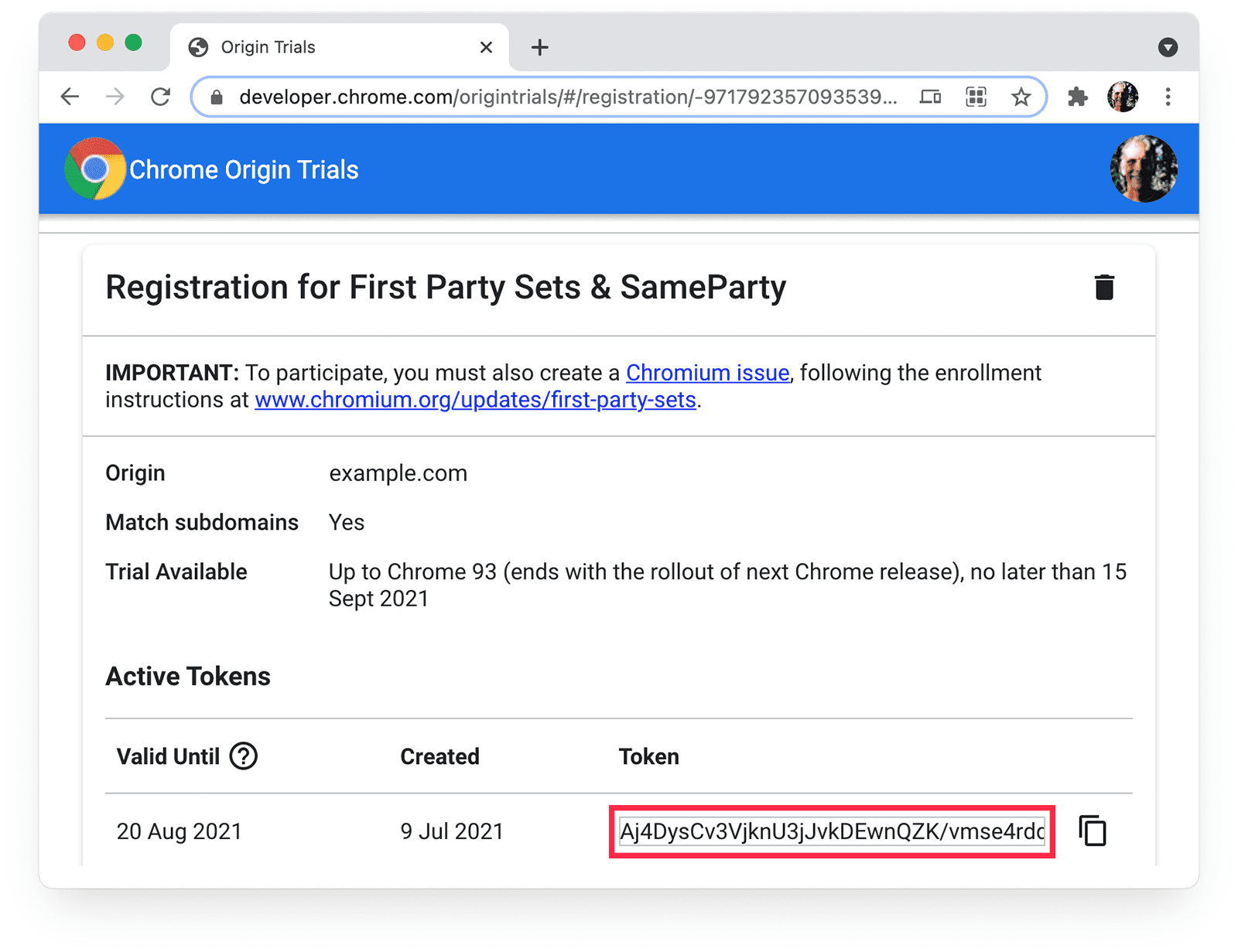 Strona Chrome Origin Trials z wartością tokena.