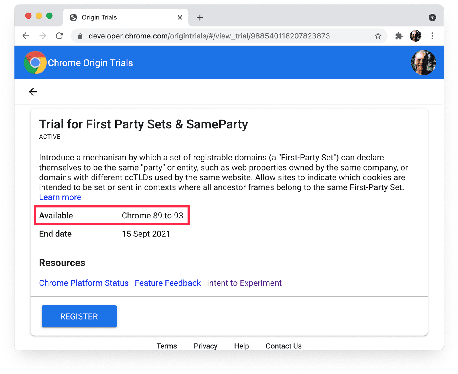 Prove dell&#39;origine di Chrome per gli insiemi proprietari e SameParty con la disponibilità di Chrome evidenziata