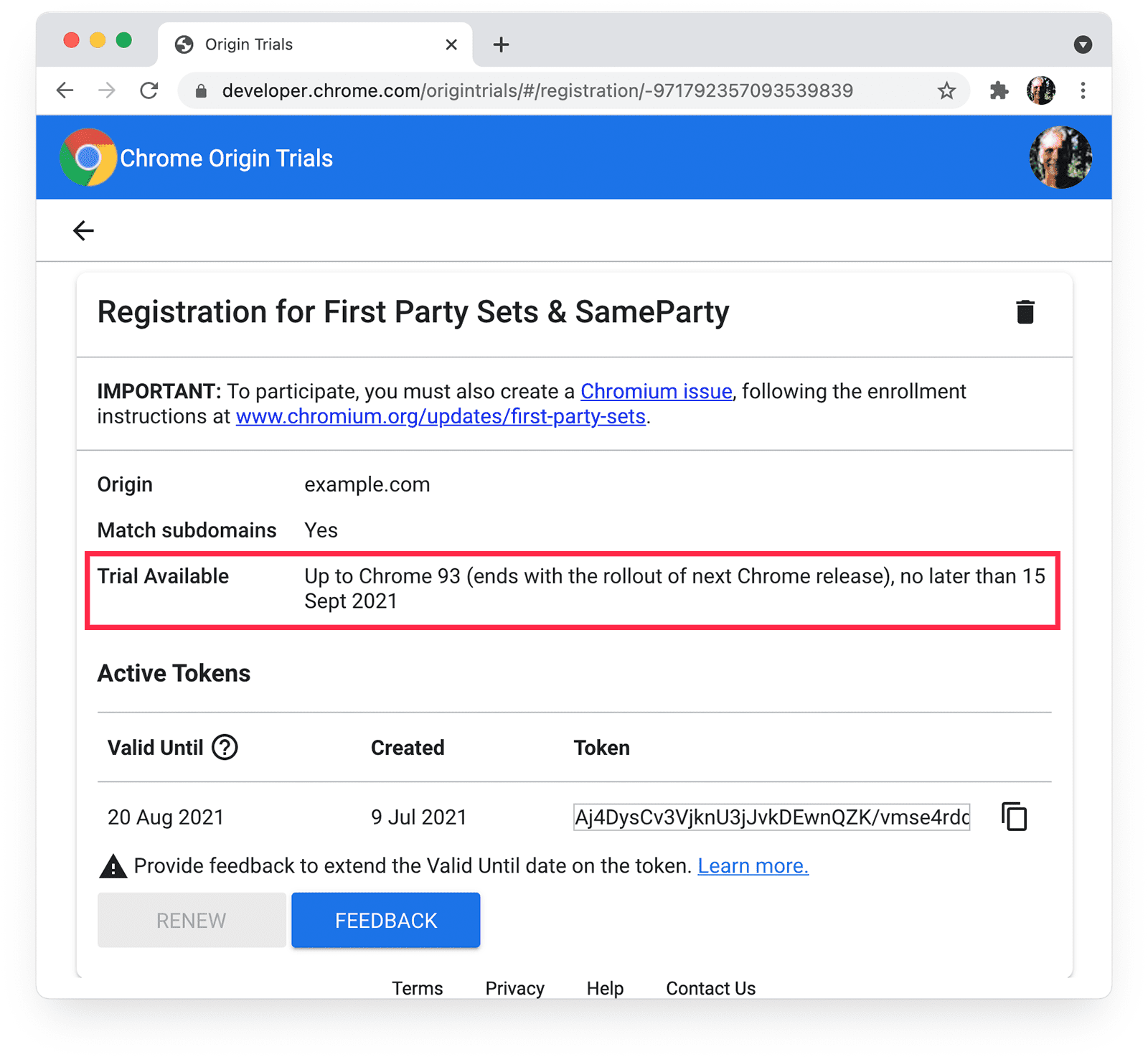 Page des phases d&#39;évaluation d&#39;origine Chrome pour les ensembles propriétaires et SameParty, avec les informations sur la phase d&#39;évaluation disponible en surbrillance.