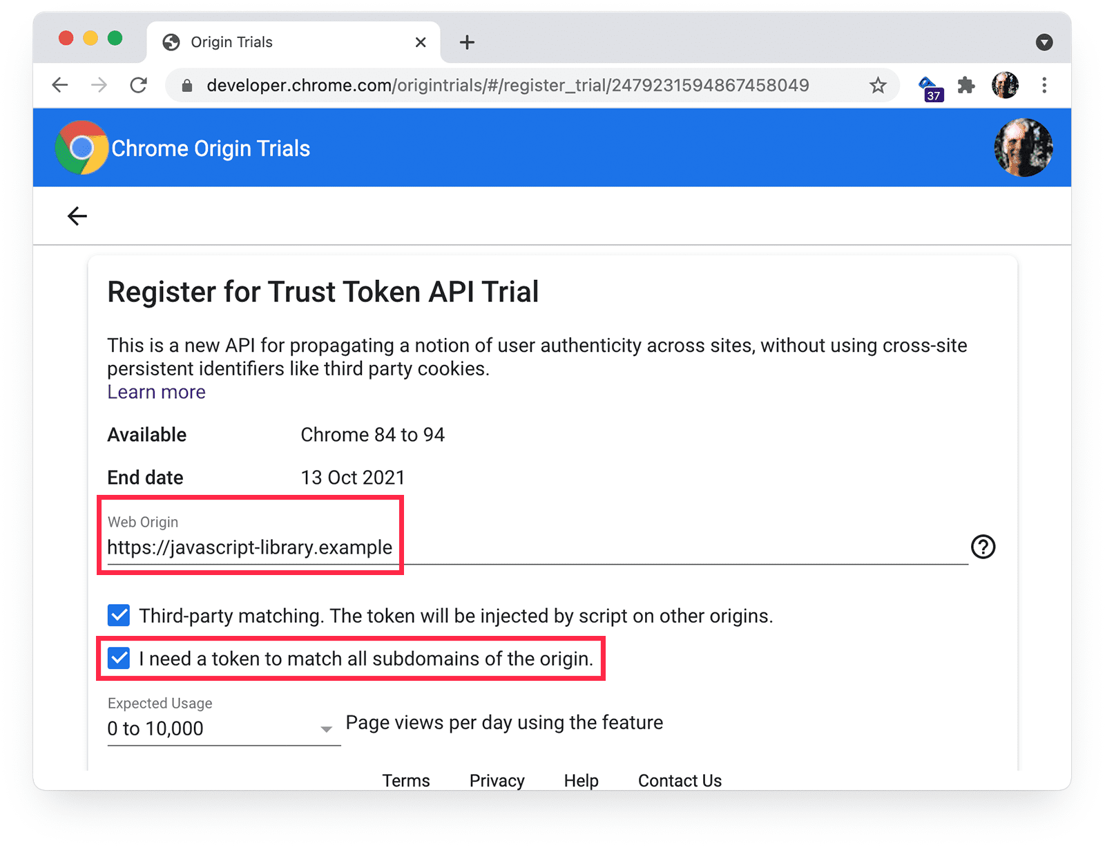 Page d&#39;enregistrement des essais d&#39;origine Chrome affichant la mise en correspondance tierce et la mise en correspondance de sous-domaines sélectionnées