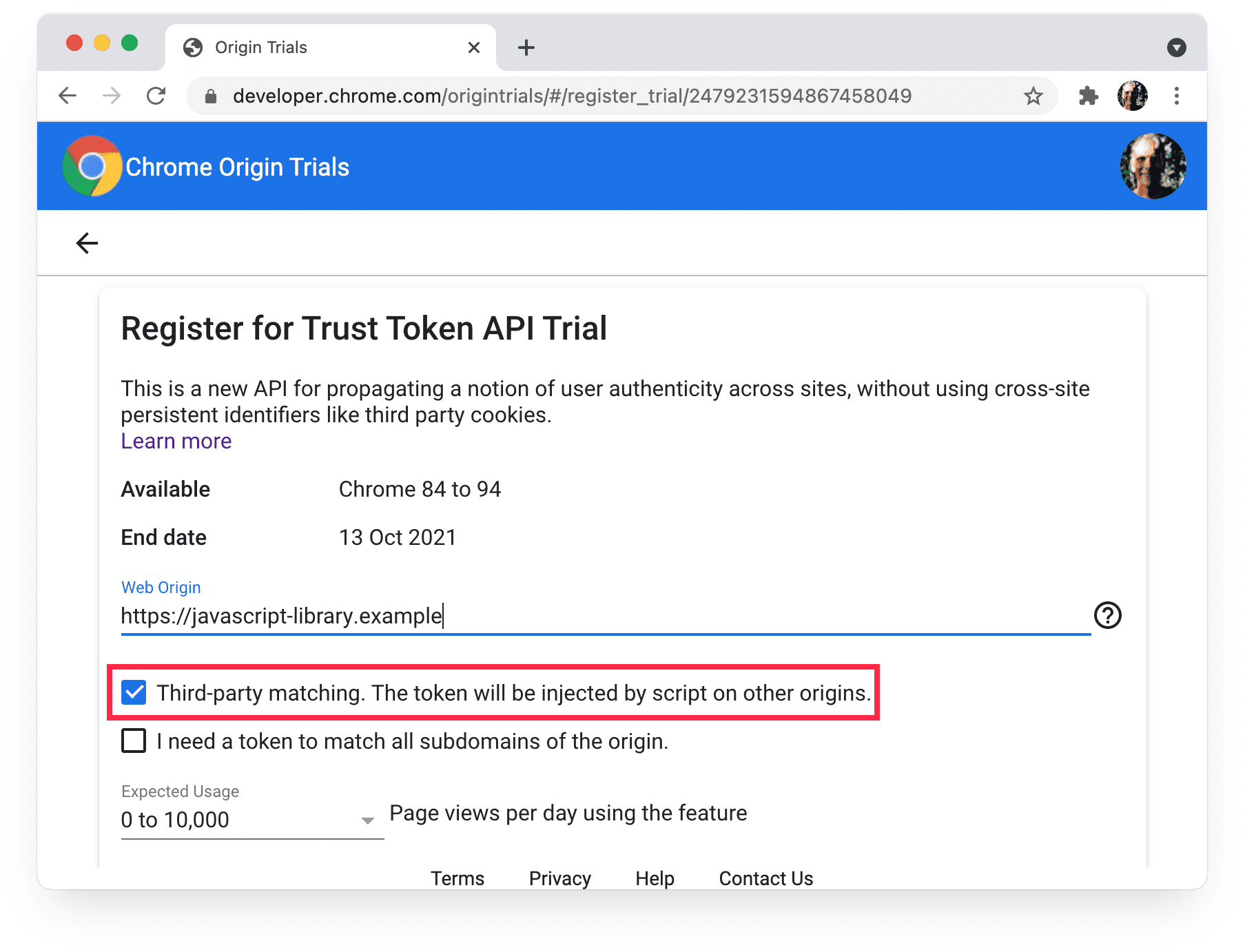 Página de registro de las pruebas de origen de Chrome que muestra la coincidencia de terceros seleccionada.