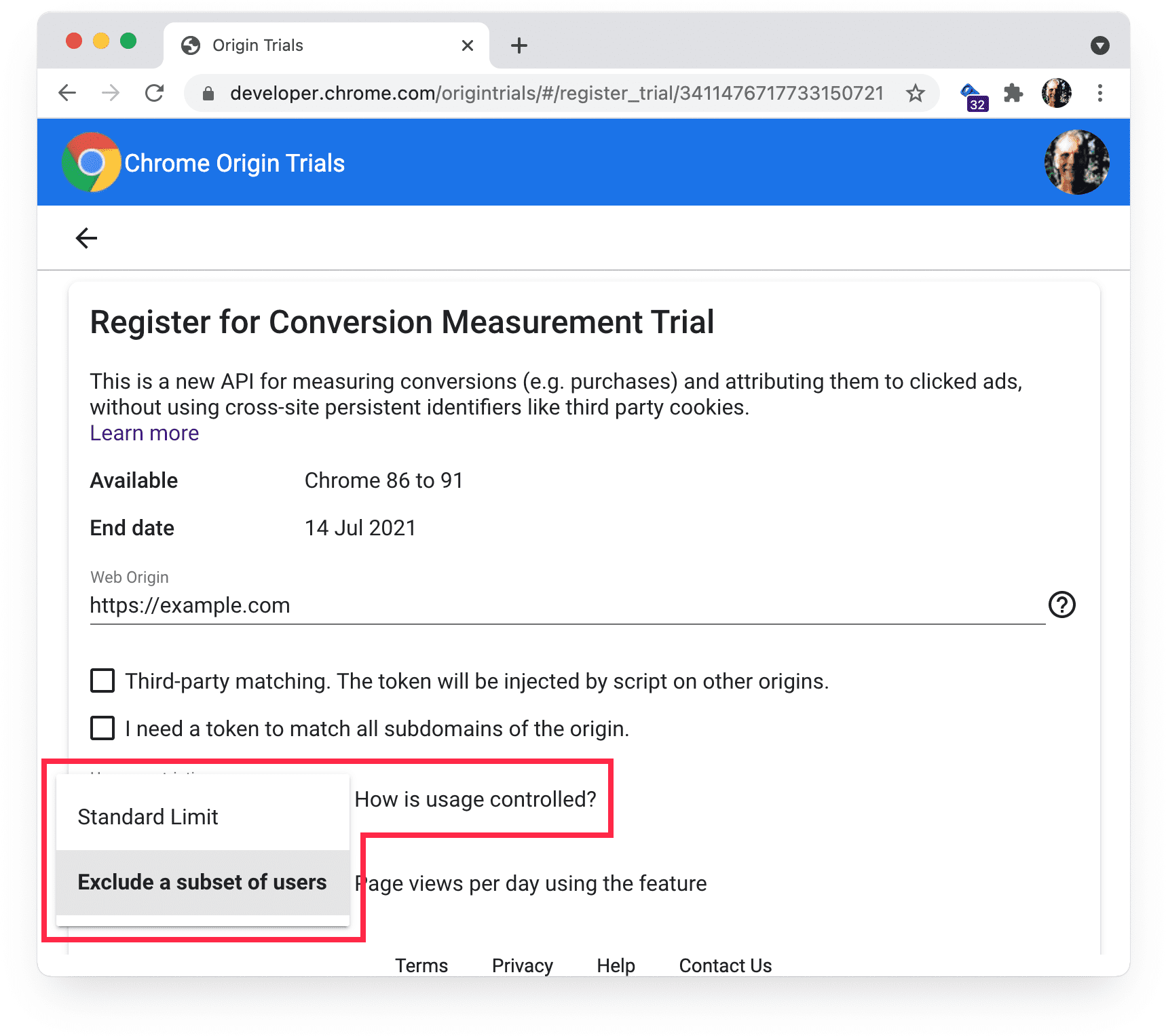 Página de registro de las pruebas de origen de Chrome que muestra las restricciones de uso.