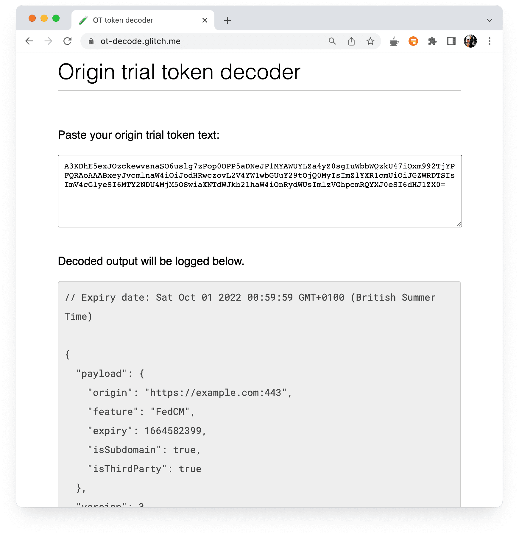 Herramienta de decodificación de pruebas de origen que muestra los valores de prueba de origen decodificados.