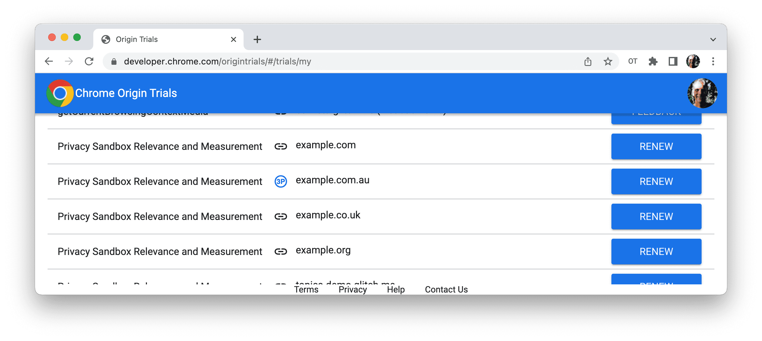 Esempio di pagina Le mie registrazioni, con i pulsanti RINNOVO