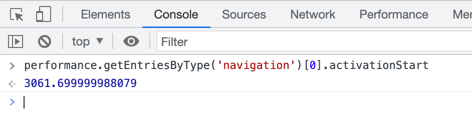 Console dans Chrome DevTools affichant un activationStart positif indiquant que la page a été pré-rendue