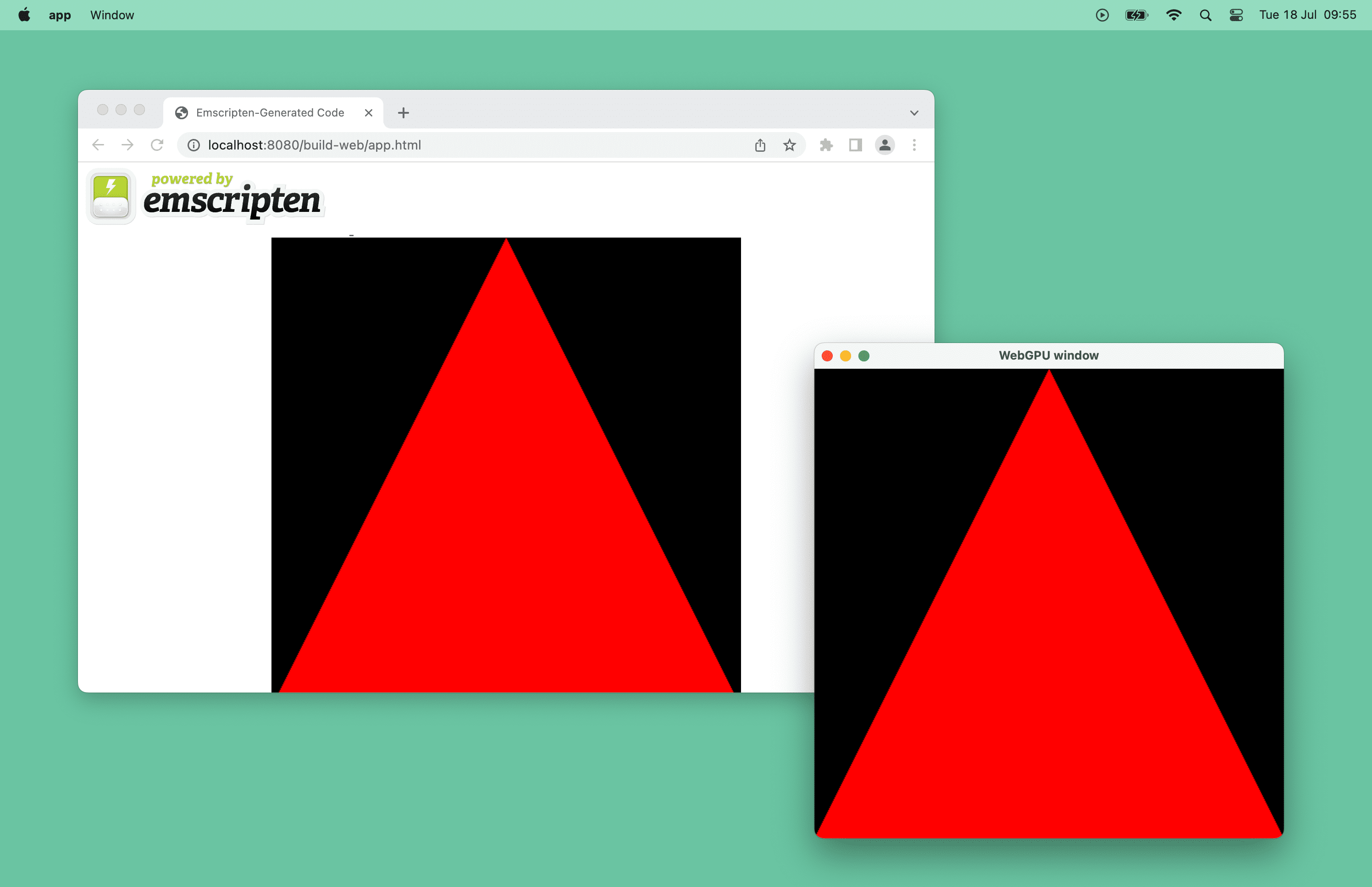 Capture d&#39;écran d&#39;un triangle rouge optimisé par WebGPU dans une fenêtre de navigateur et une fenêtre de bureau sur macOS.