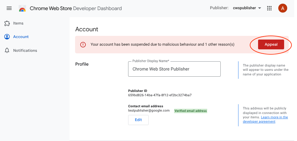 Chrome Web Mağazası geliştirici kontrol panelinin ekran görüntüsünde, itiraz düğmesini içeren uyarı banner'ının bulunduğu hesap sayfası gösteriliyor.