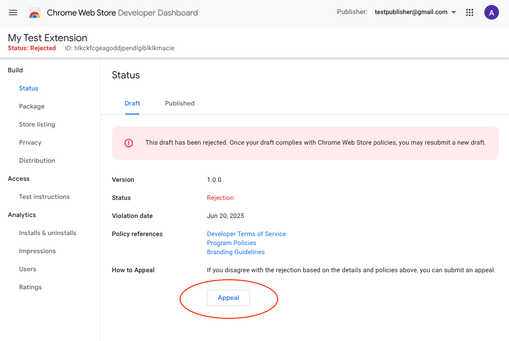 Chrome Web Mağazası geliştirici kontrol panelinin ekran görüntüsünde, öğe ayrıntıları sayfası ve alt kısımda itiraz düğmesi gösteriliyor.