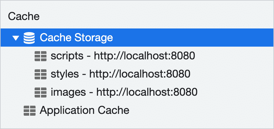 Uma captura de tela de uma lista de instâncias de Cache na guia do aplicativo do Chrome DevTools. São exibidos três caches distintos: um chamado &quot;scripts&quot;, outro chamado &quot;styles&quot; e o último chamado &quot;images&quot;.