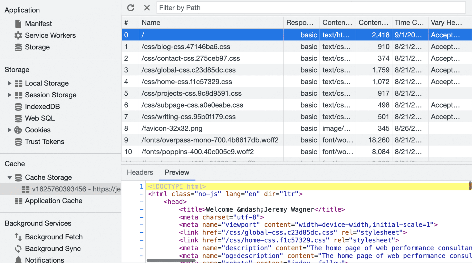 Ispezionare la cache in DevTools