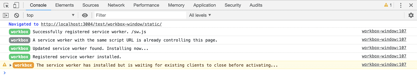 workbox-window console warning for non-controlling worker