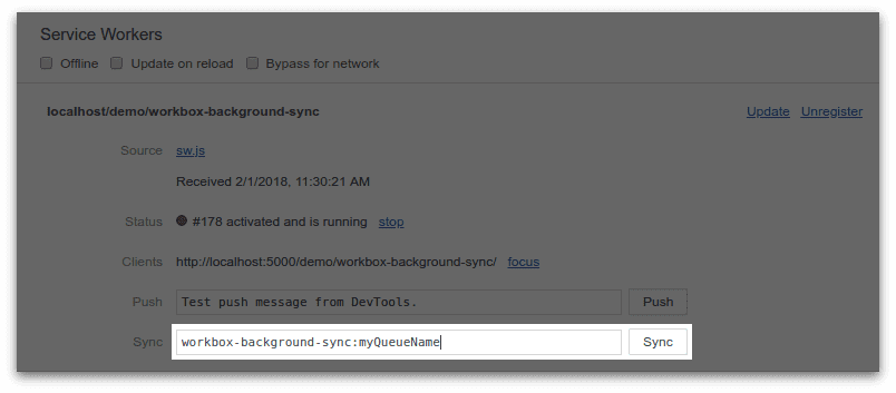 Capture d&#39;écran de l&#39;utilitaire de synchronisation en arrière-plan dans le panneau des applications des outils de développement de Chrome. L&#39;événement de synchronisation est spécifié pour une file d&#39;attente de &quot;myQueueName&quot;. pour &quot;workbox-background-sync&quot; de ce module.